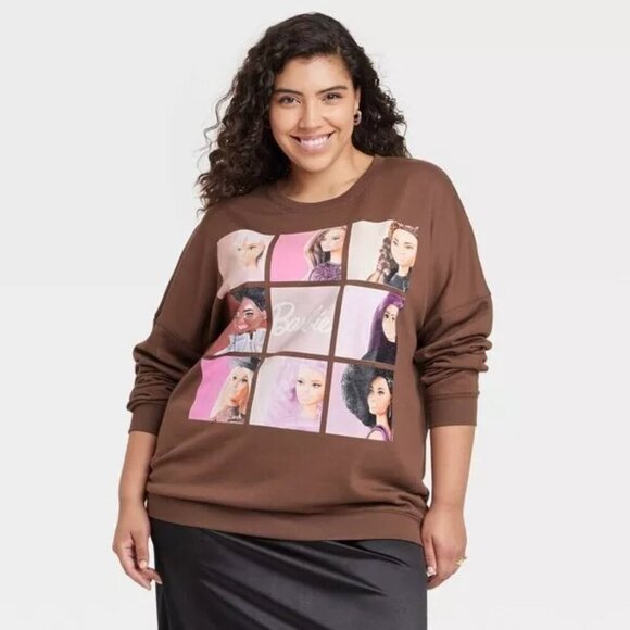Hybrid Apparel Women's Barbie Squares Cozy Graphic Sweatshirt Sz Small Brown - Picture 1 of 3